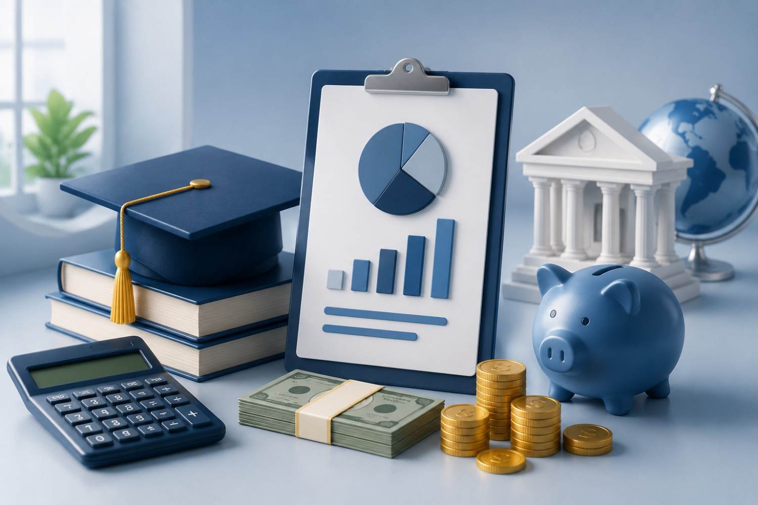 3D illustration representing EDHEC MSc Finance fees and investment planning with graduation cap, calculator, financial charts, coins, piggy bank and academic finance symbols.